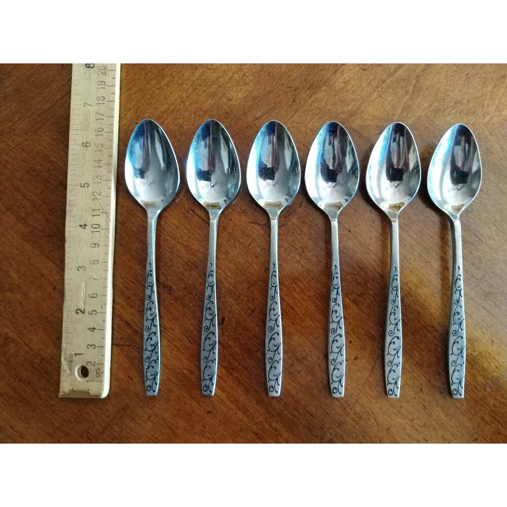 Vtg Lot 6+1  Teaspoons Stainless Grand Prix Florentine Black Swirl Design Japan